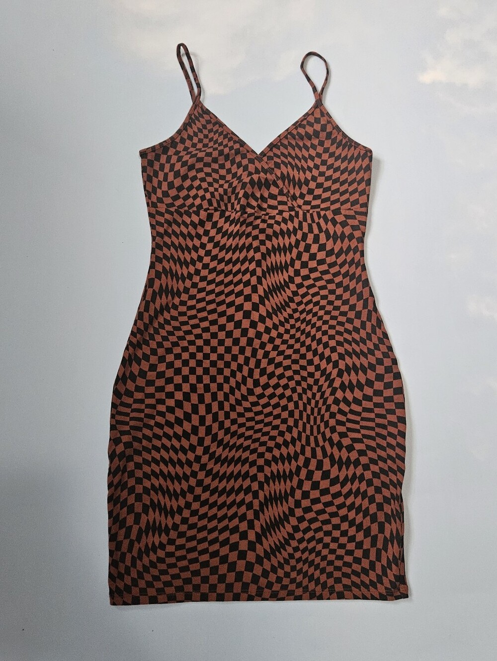 Wavy Checker Slip Dress in Rust & Black